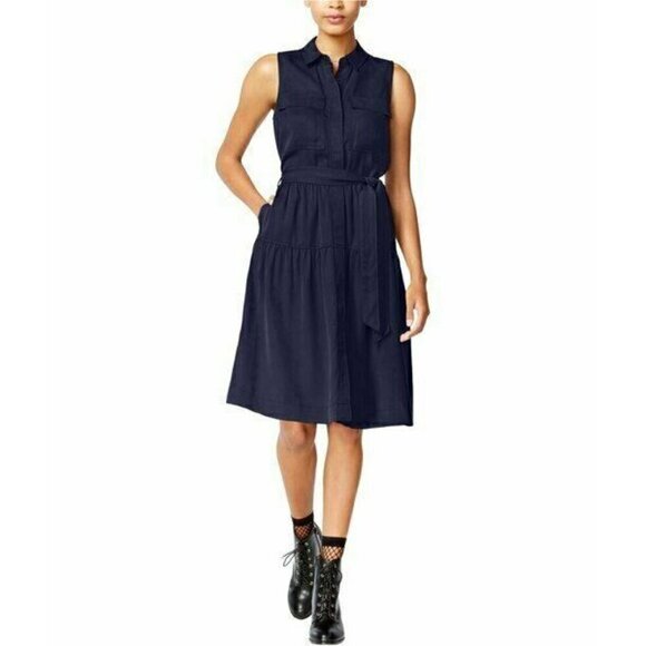 Maison Jules Womens Navy Blue Tencel A Line Utility-Pocket  T Shirt Dress Size L - Picture 1 of 9